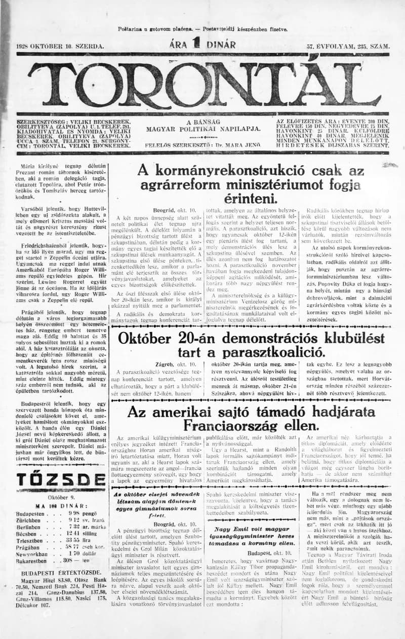 Torontál, 57. évf. 1928. október 10. 235. sz.