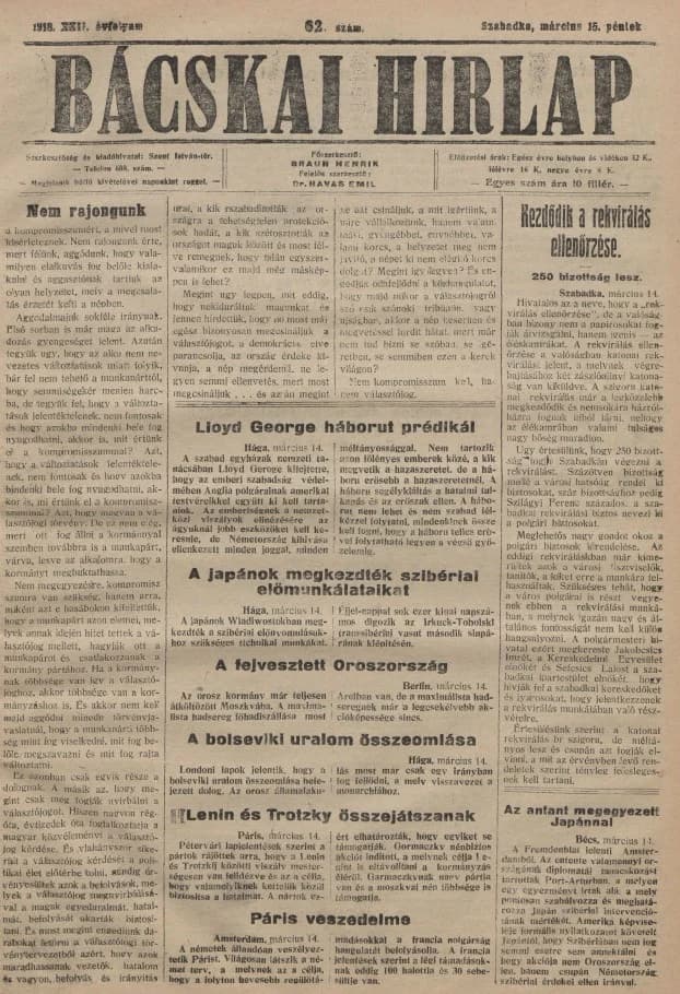Bácskai Hirlap, 22. évf. 1918. március 15. 62. sz.