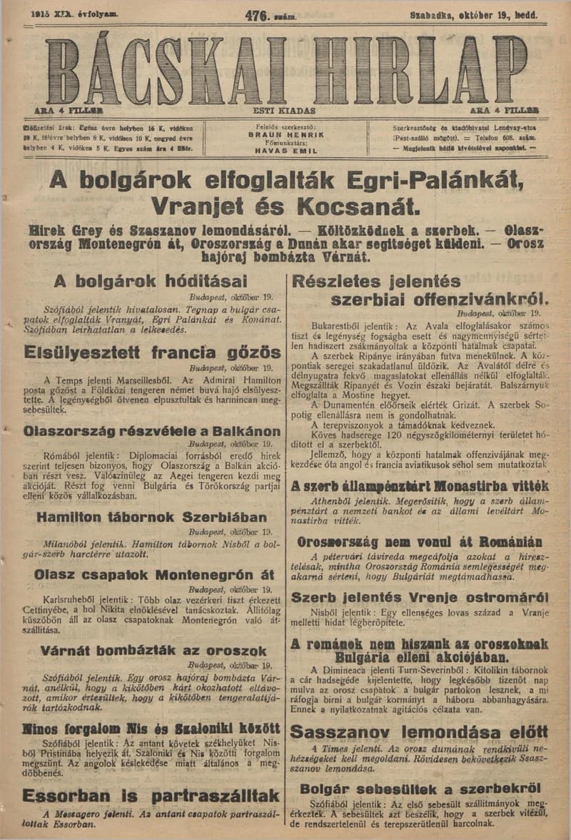 Bácskai Hirlap, 19. évf. 1915. október 19. 476. sz.