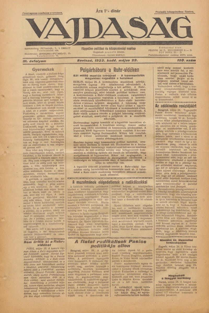 Vajdaság, 3. évf. 1923. május 29. 120. sz.