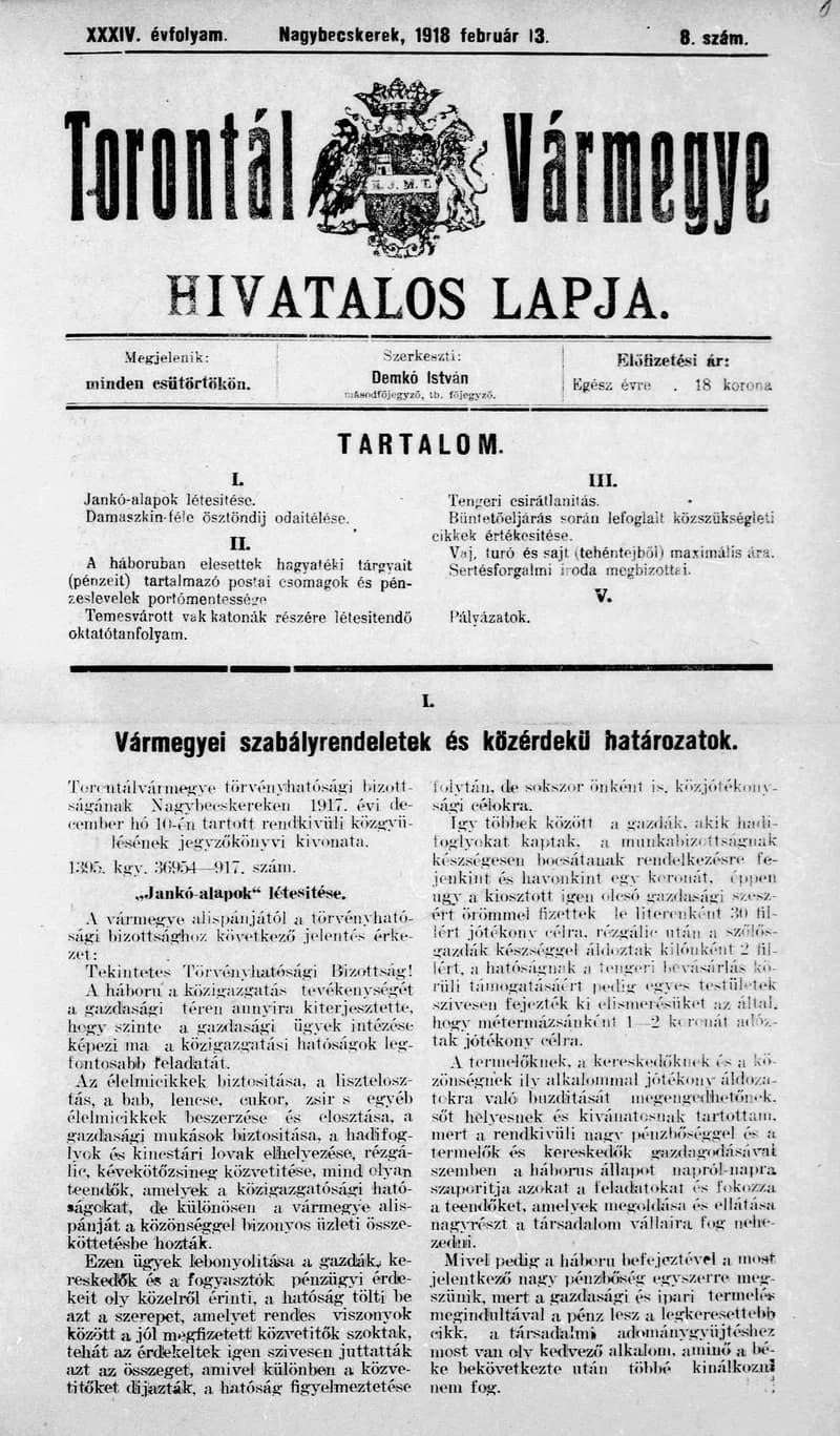 Torontál Vármegye Hivatalos Lapja, 34. évf. 1918. február 13. 8. sz.