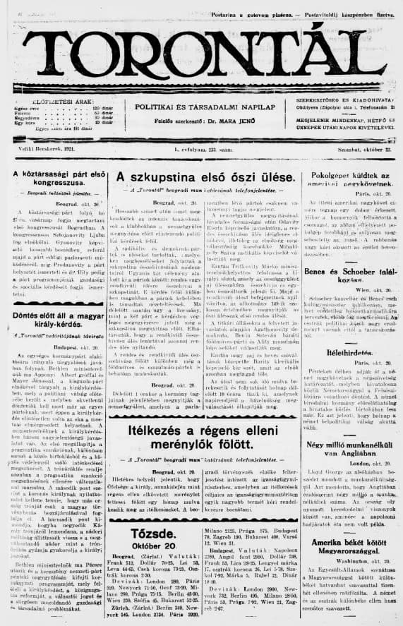Torontál, 50. évf. 1921. október 22. 233. sz.