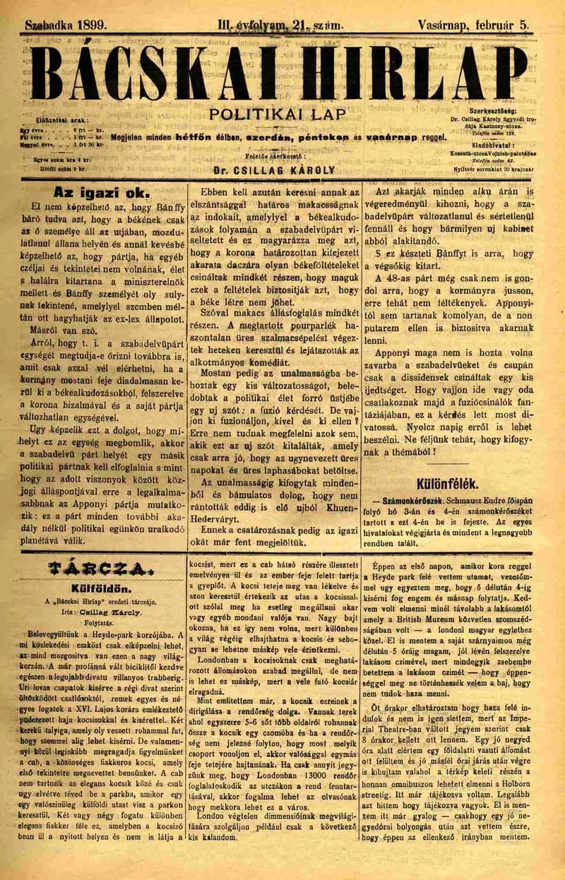 Bácskai Hirlap, 3. évf. 1899. február 5. 21. sz.