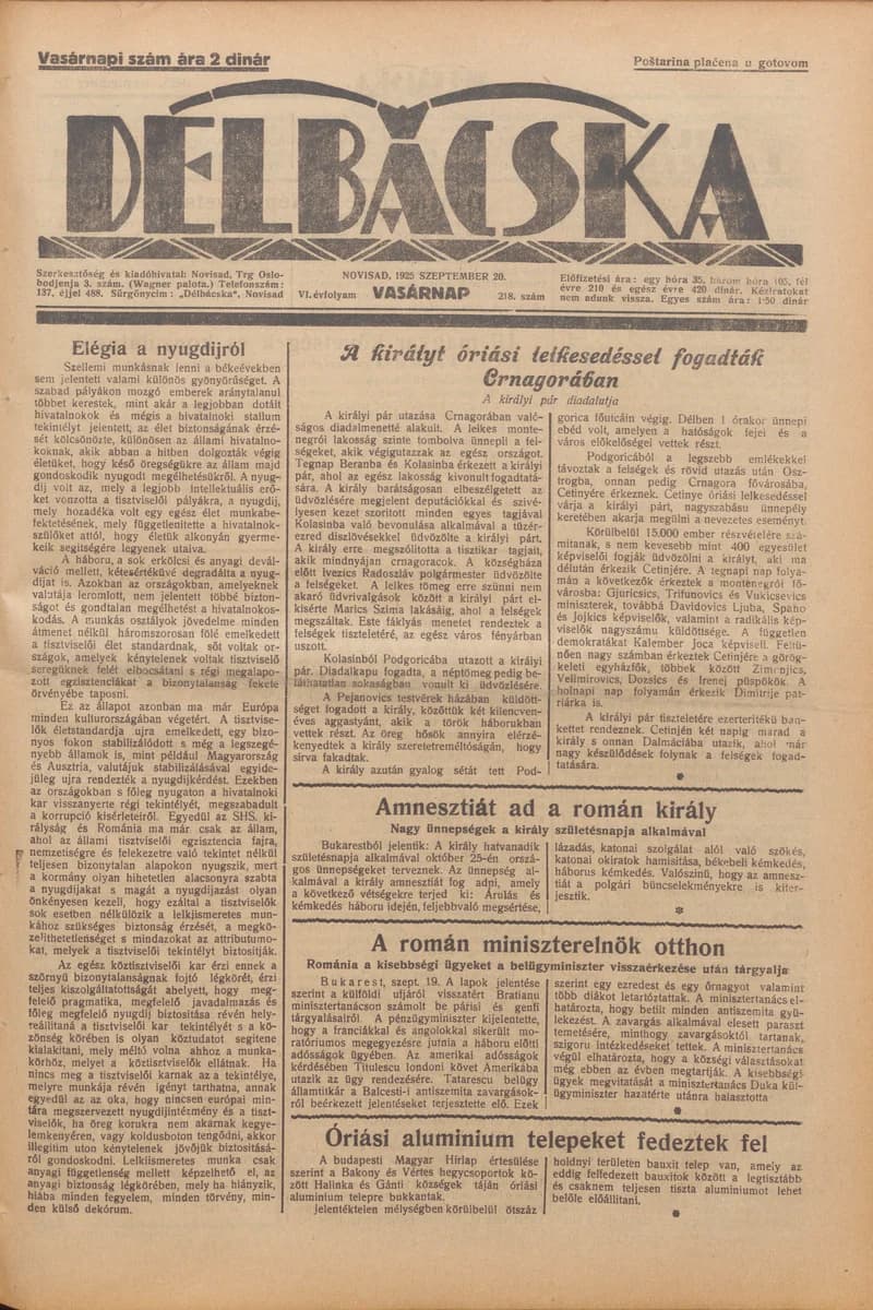 Délbácska, 6. évf. 1925. szeptember 20. 218. sz.