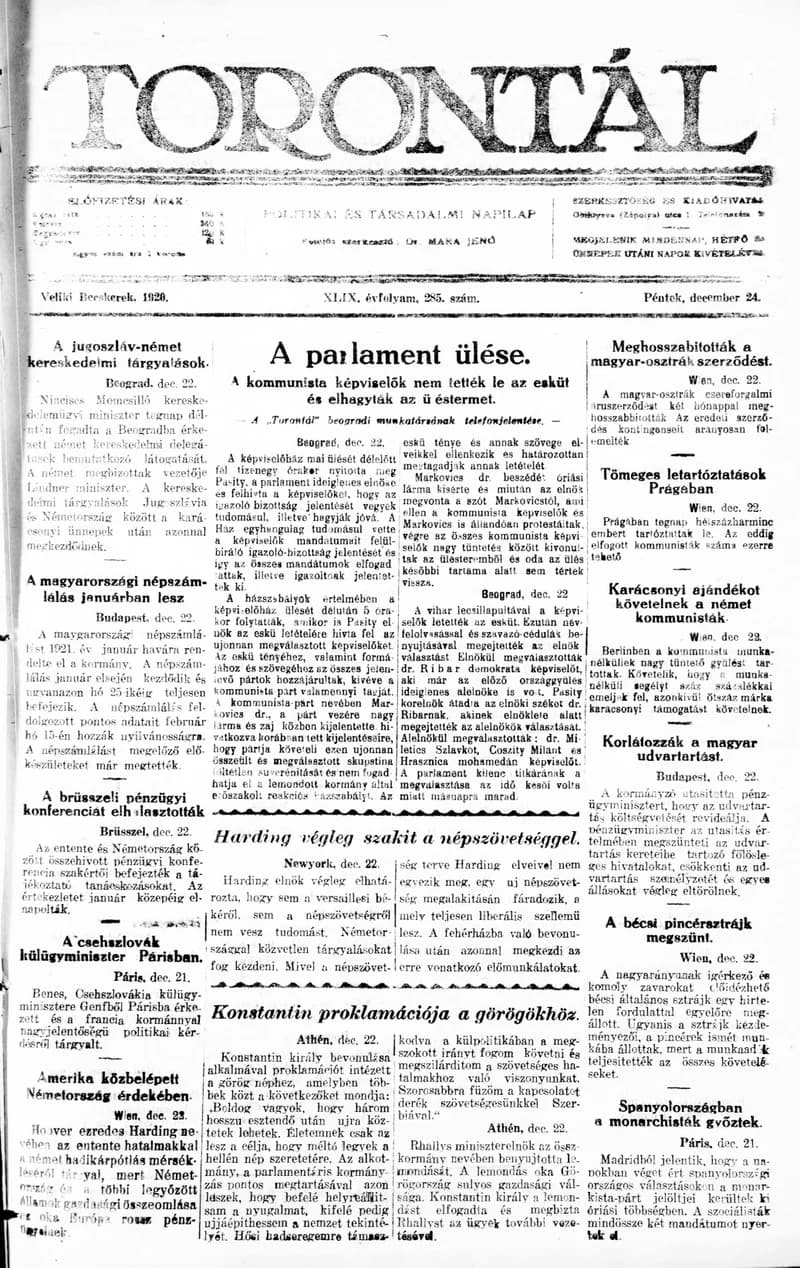 Torontál, 49. évf. 1920. december 24. 285. sz.