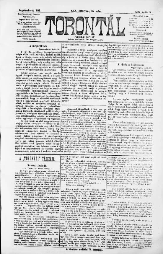 Torontál, 25. évf. 1896. április 13. 85. sz.
