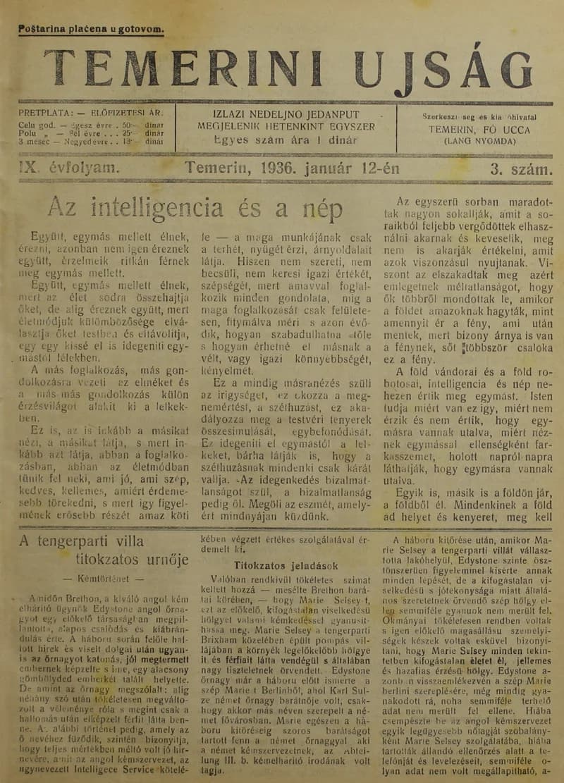 Temerini Újság 1928-1944, 9. évf. 1936. január 12. 3. sz.