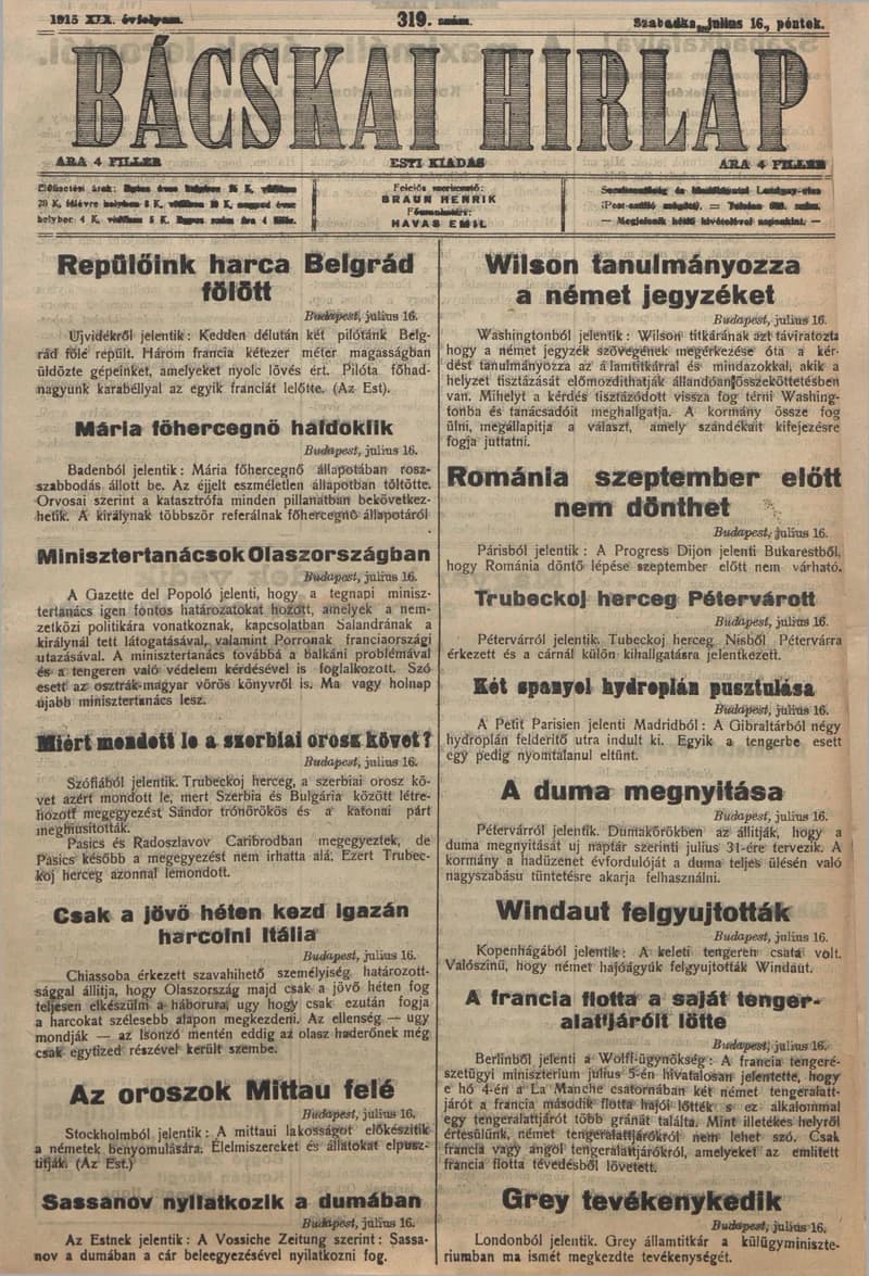 Bácskai Hirlap, 19. évf. 1915. július 16. 319. sz.