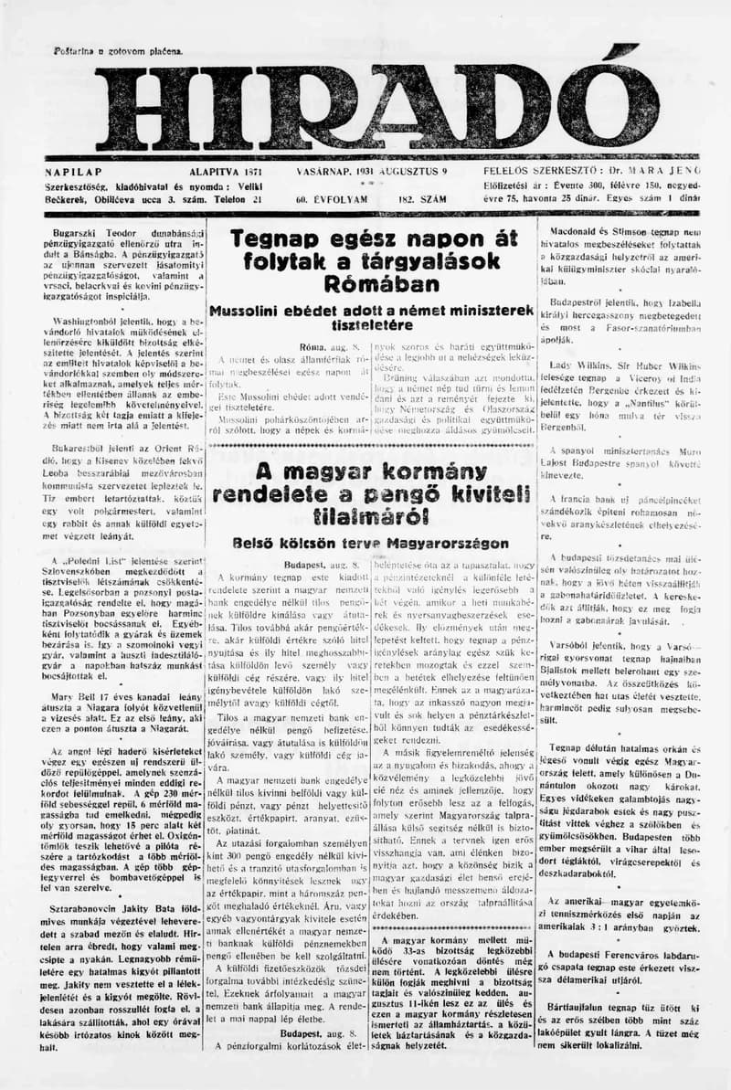 Híradó, 60. évf. 1931. augusztus 9. 182. sz.