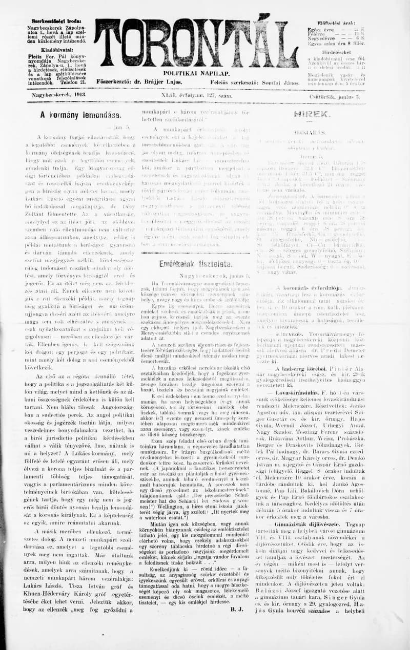 Torontál, 42. évf. 1913. június 5. 127. sz.