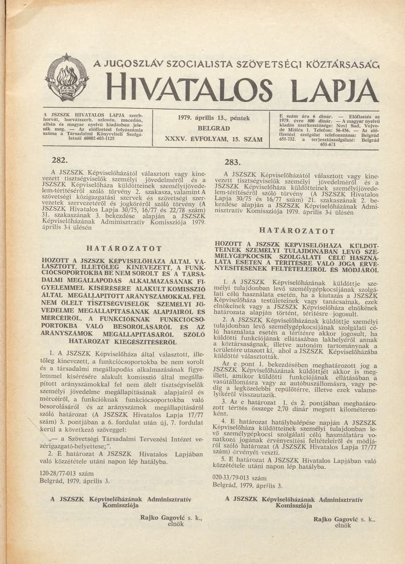 A Jugoszláv Szocialista Szövetségi Köztársaság Hivatalos Lapja, 35. évf. 1979. április 13. 15. sz. 533–548. oldal