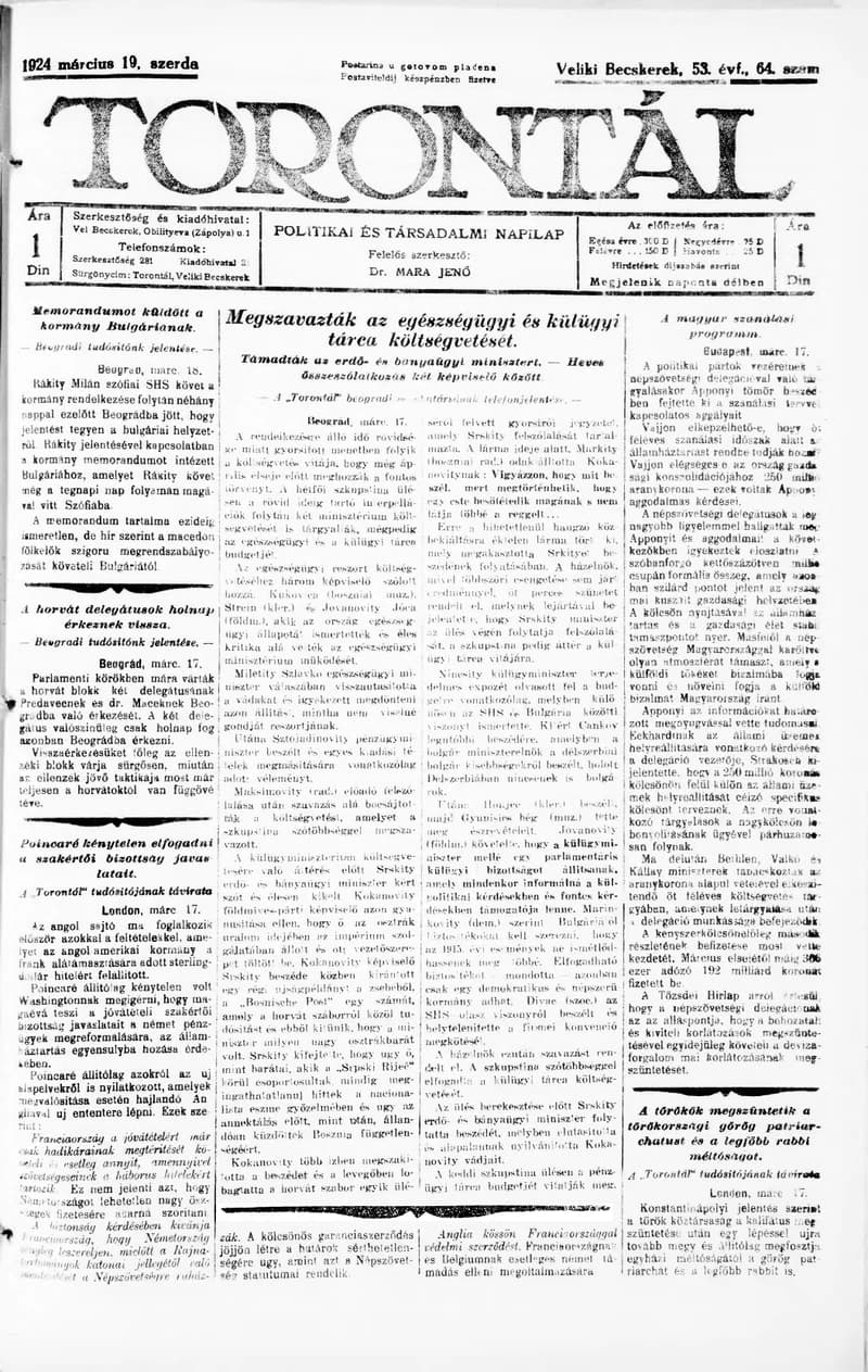 Torontál, 53. évf. 1924. március 19. 64. sz.