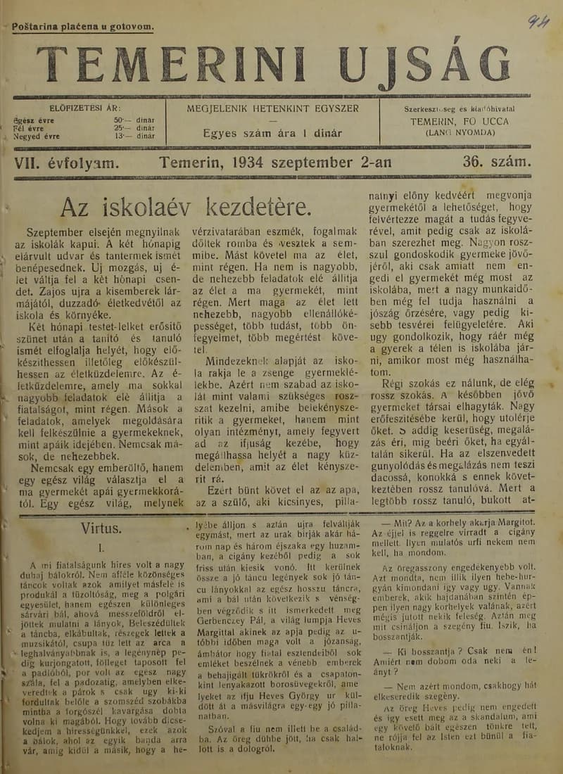 Temerini Újság 1928-1944, 7. évf. 1934. szeptember 2. 36. sz.