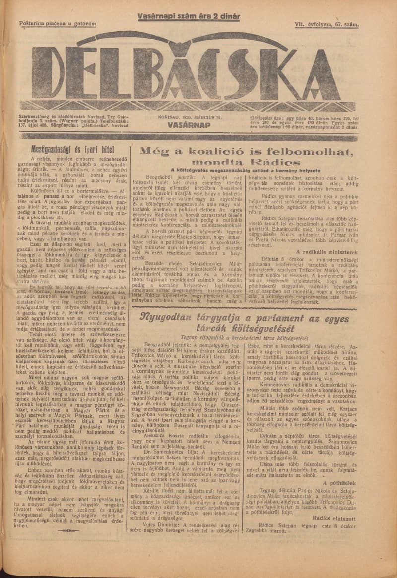 Délbácska, 7. évf. 1926. március 21. 67. sz.