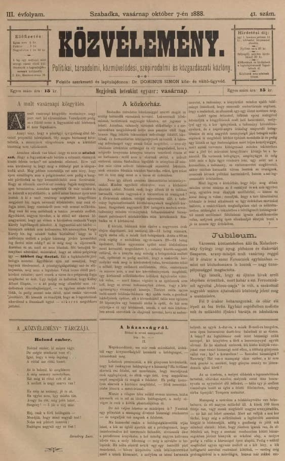 Közvélemény, 3. évf. 1888. október 7. 41. sz.