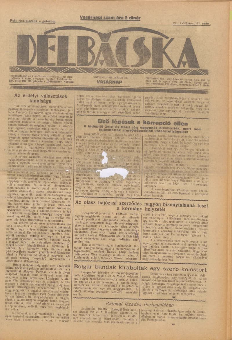 Délbácska, 7. évf. 1926. május 30. 123. sz.