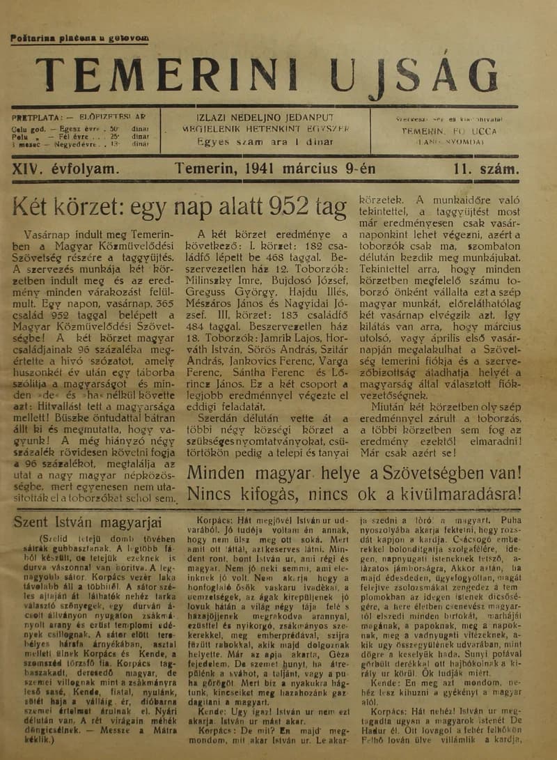 Temerini Újság 1928-1944, 14. évf. 1941. március 9. 11. sz.