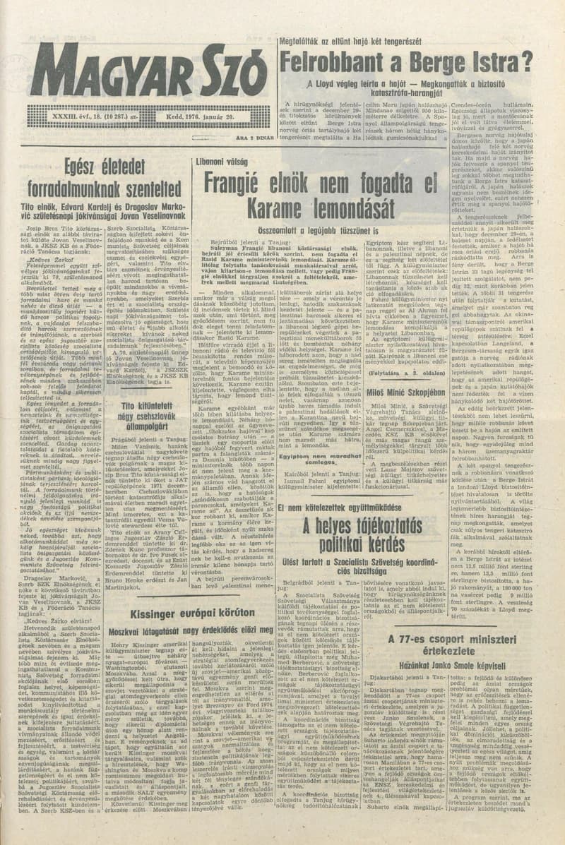 Magyar Szó, 33. évf. 1976. január 20. 18. sz. 1–20. oldal