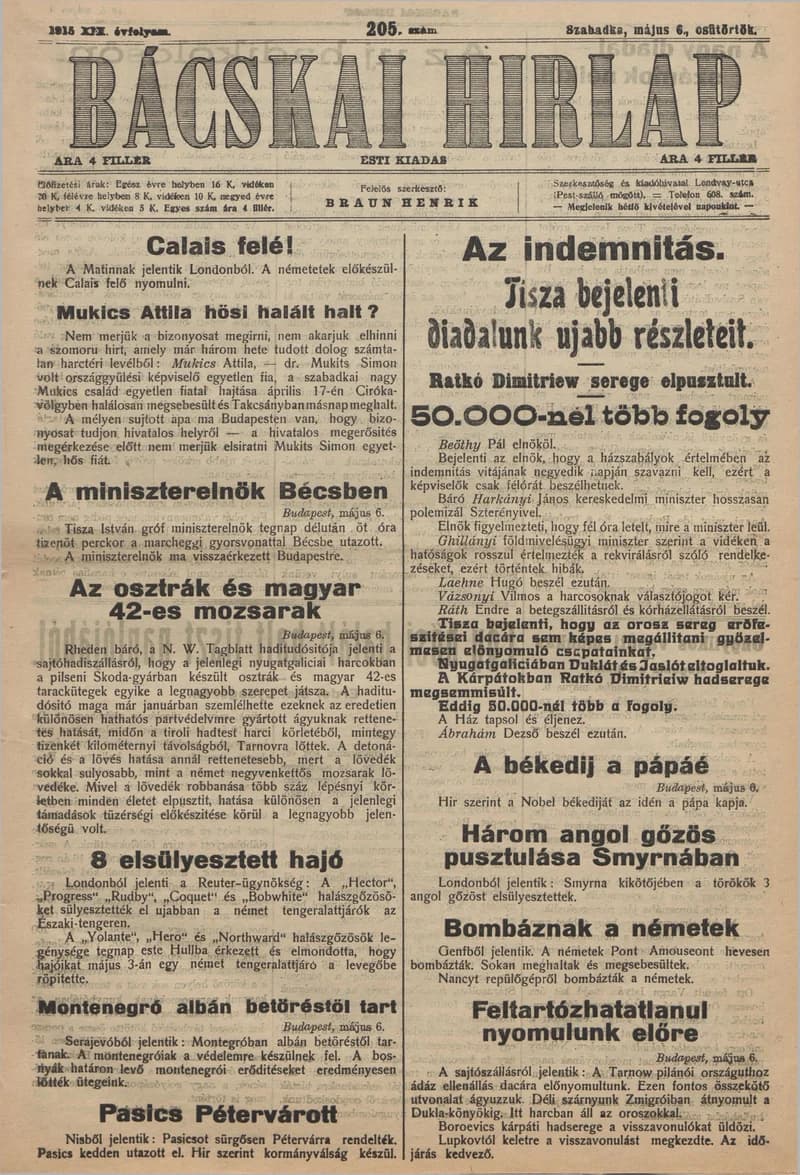 Bácskai Hirlap, 19. évf. 1915. május 6. 205. sz.