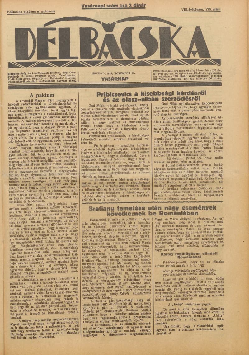 Délbácska, 8. évf. 1927. november 27. 276. sz.