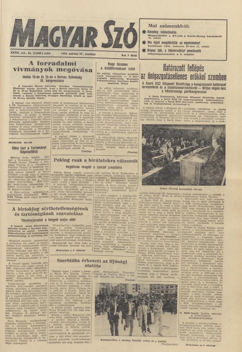 Magyar Szó, 39. évf. 1982. március 27. 84. sz. 1–20. oldal