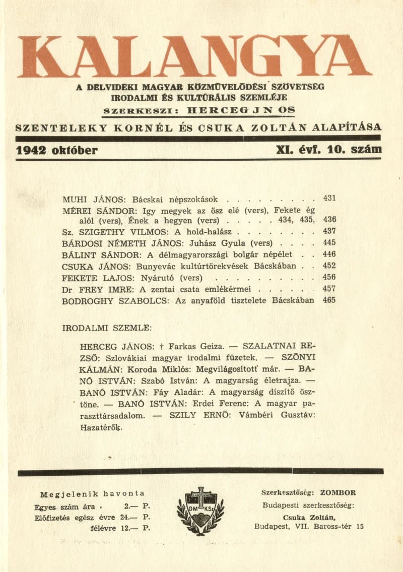 Kalangya, 11. évf. 1942. október. 10. sz. 431–478. oldal