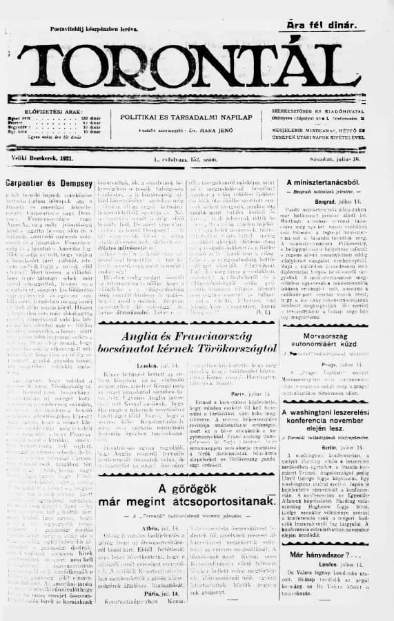 Torontál, 50. évf. 1921. július 16. 152. sz.