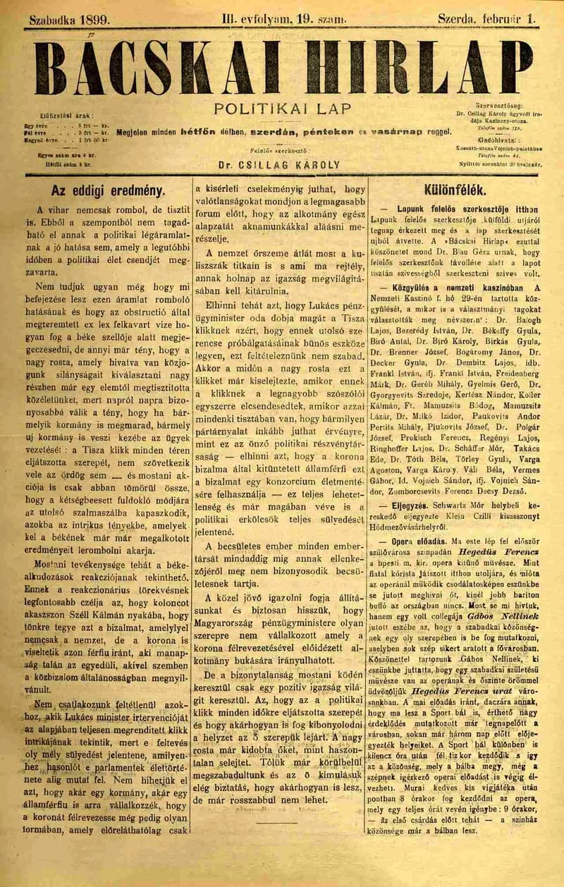 Bácskai Hirlap, 3. évf. 1899. február 1. 19. sz.