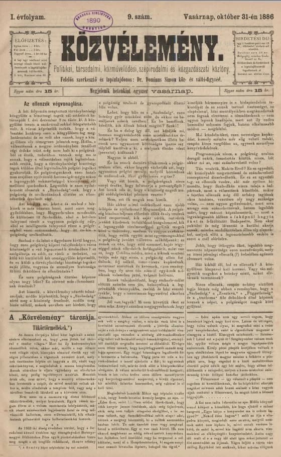 Közvélemény, 1. évf. 1886. október 31. 9. sz.