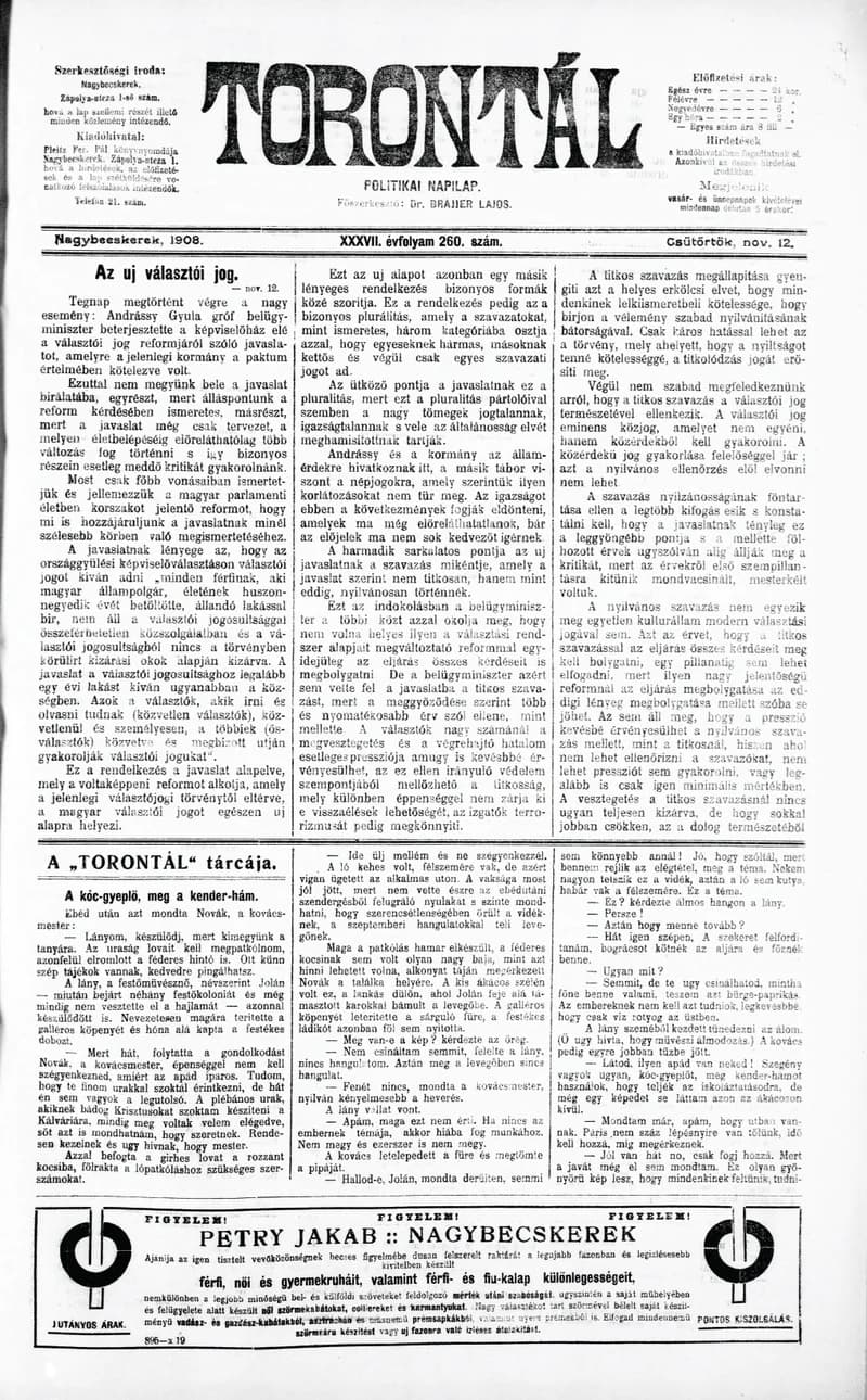 Torontál, 37. évf. 1908. november 12. 260. sz.