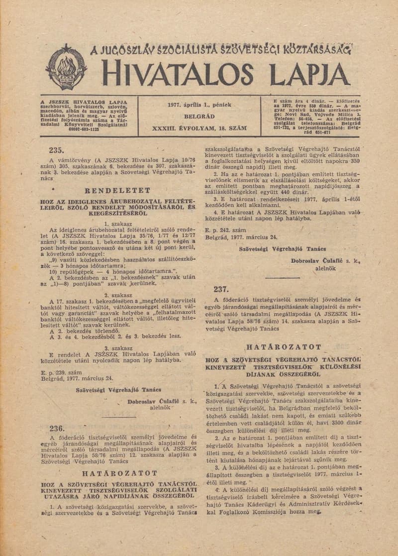 A Jugoszláv Szocialista Szövetségi Köztársaság Hivatalos Lapja, 33. évf. 1977. április 1. 18. sz. 713–728. oldal
