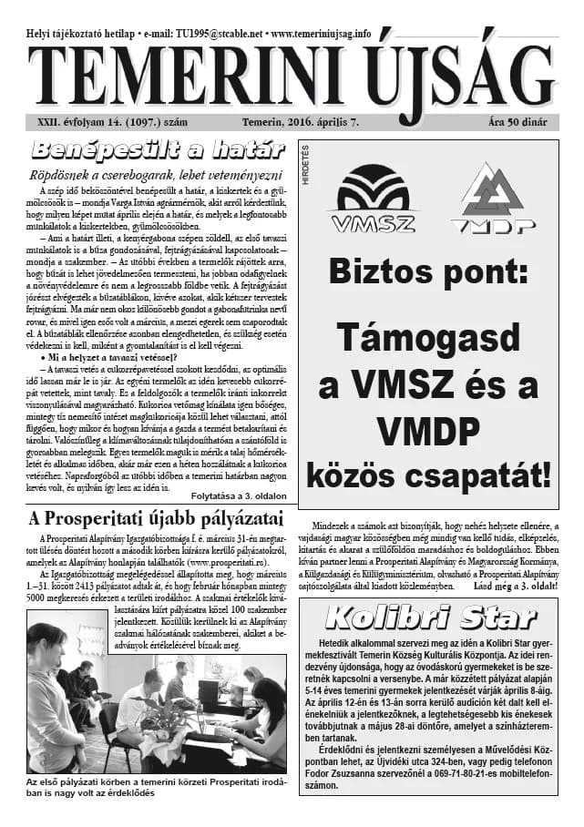 Temerini Újság, 22. évf. 2016. április 7. 14. sz.