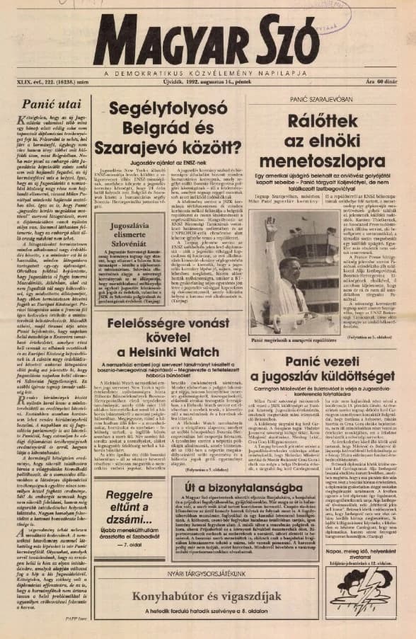 Magyar Szó, 49. évf. 1992. augusztus 14. 222. sz. 1–16. oldal