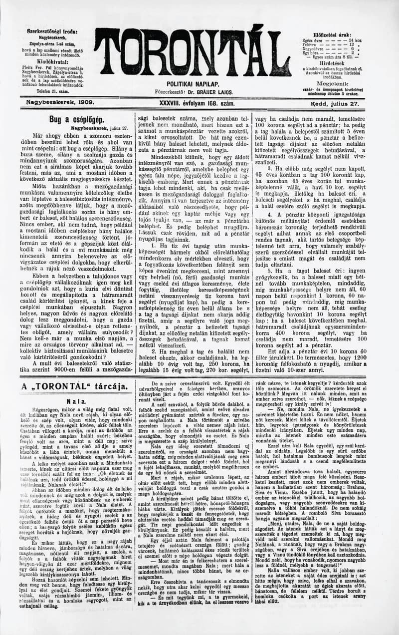 Torontál, 38. évf. 1909. július 27. 168. sz.