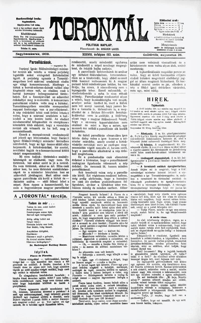 Torontál, 38. évf. 1909. augusztus 26. 193. sz.