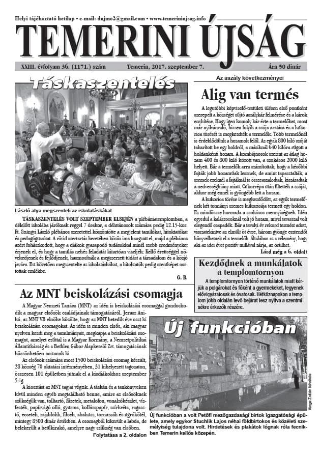 Temerini Újság, 23. évf. 2017. szeptember 7. 36. sz.