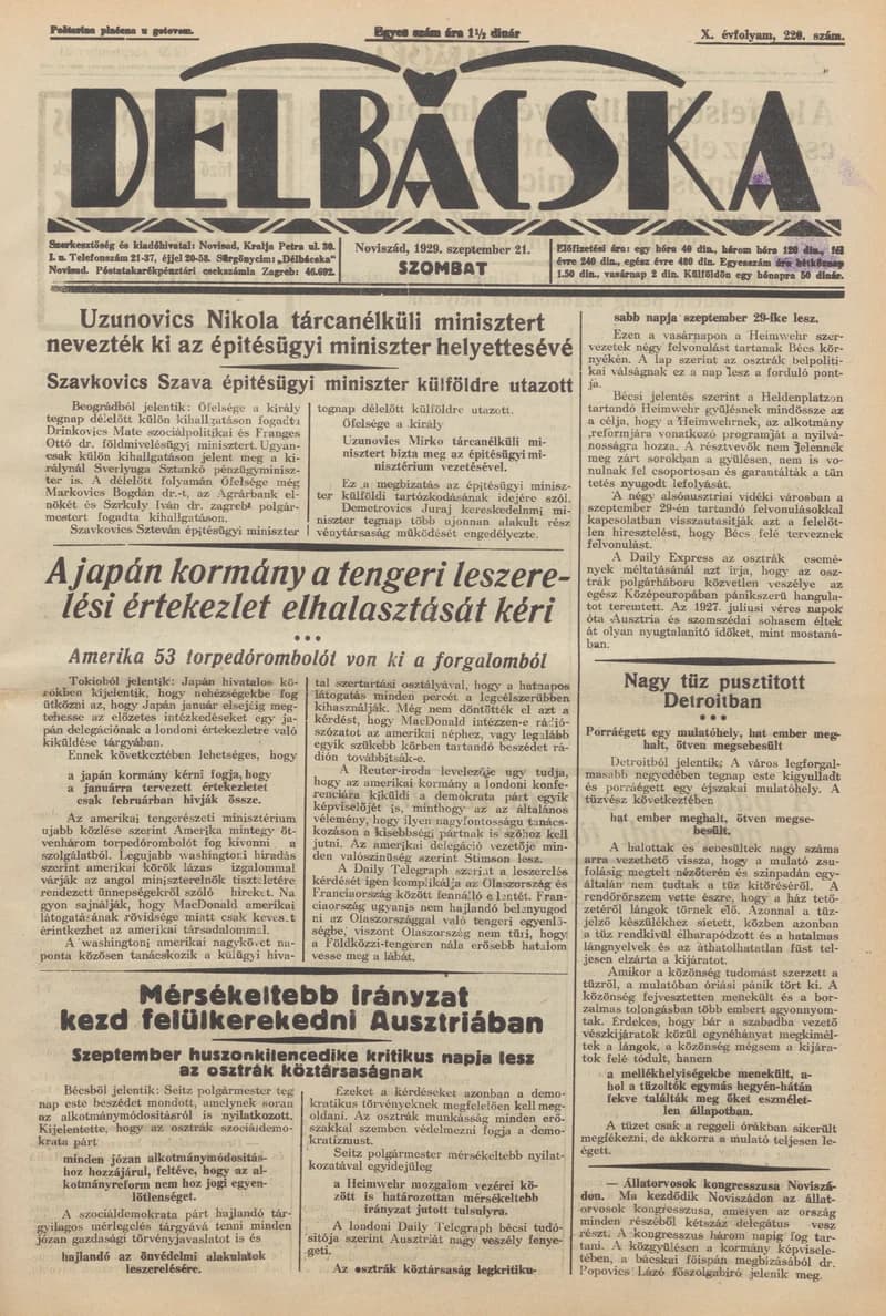 Délbácska, 10. évf. 1929. szeptember 21. 220. sz.