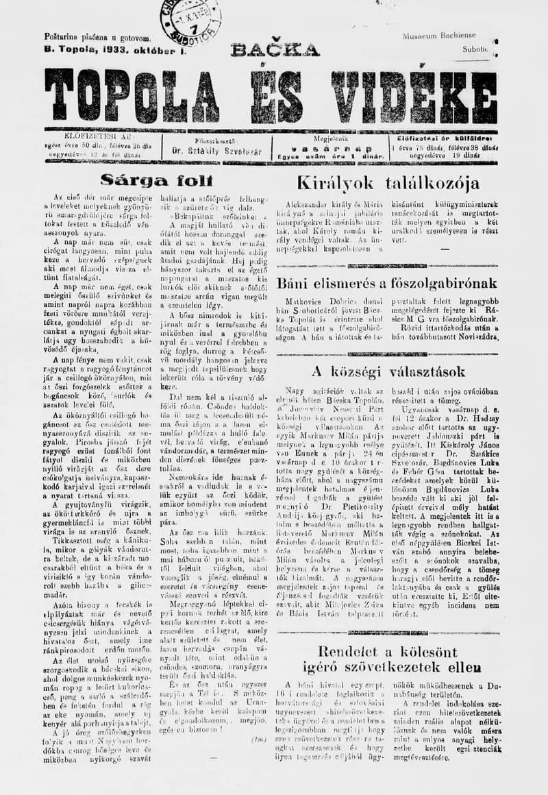 Bačka Topola és Vidéke, 10. évf. 1933. október 1. 40. sz.