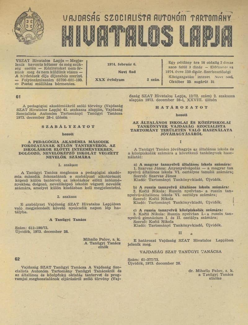 Vajdaság Szocialista Autonóm Tartomány Hivatalos Lapja, 30. évf. 1974. február 6. 2. sz. 37–40. oldal