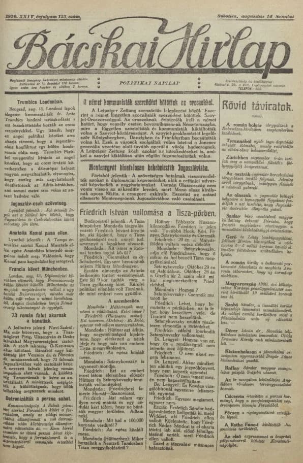 Bácskai Hirlap, 24. évf. 1920. augusztus 14. 125. sz.