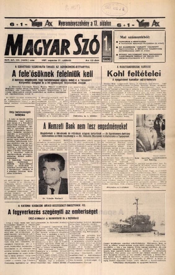 Magyar Szó, 44. évf. 1987. augusztus 27. 235. sz. 1–16. oldal