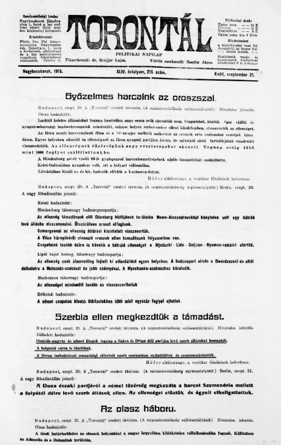 Torontál, 44. évf. 1915. szeptember 21. 215. sz.