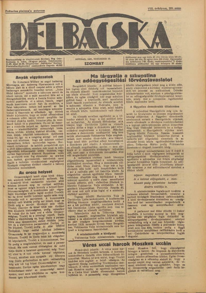 Délbácska, 8. évf. 1927. november 19. 269. sz.