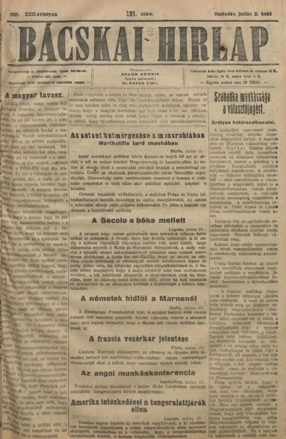 Bácskai Hirlap, 22. évf. 1918. június 11. 131. sz.