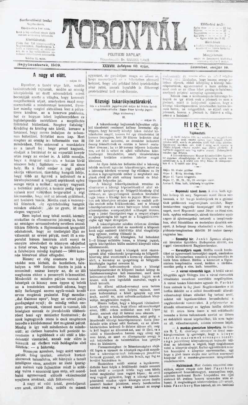 Torontál, 38. évf. 1909. május 16. 110. sz.