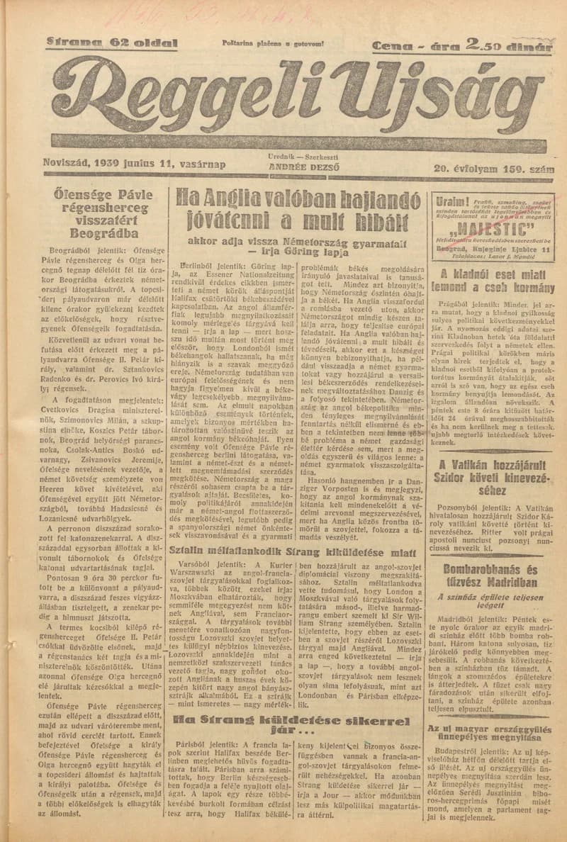Reggeli Újság, 20. évf. 1939. június 11. 159. sz.