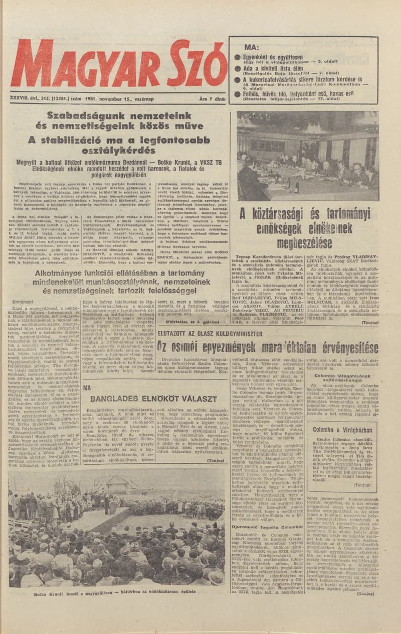 Magyar Szó, 38. évf. 1981. november 15. 315. sz.