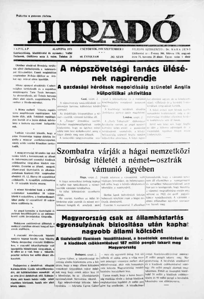 Híradó, 60. évf. 1931. szeptember 3. 202. sz.