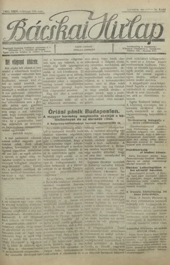 Bácskai Hirlap, 24. évf. 1920. november 16. 199. sz.
