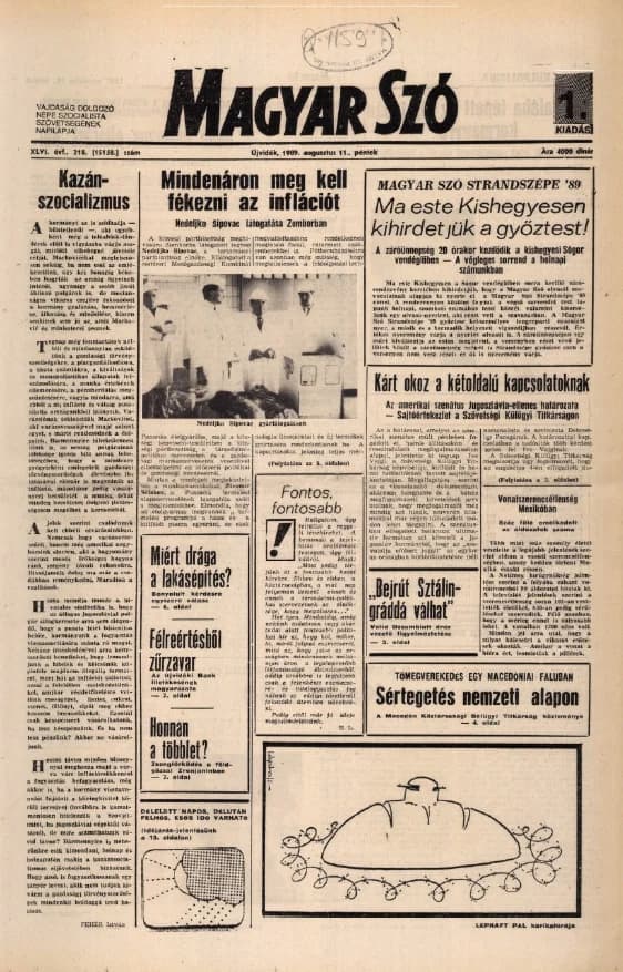 Magyar Szó, 46. évf. 1989. augusztus 11. 218. sz. 1–20. oldal